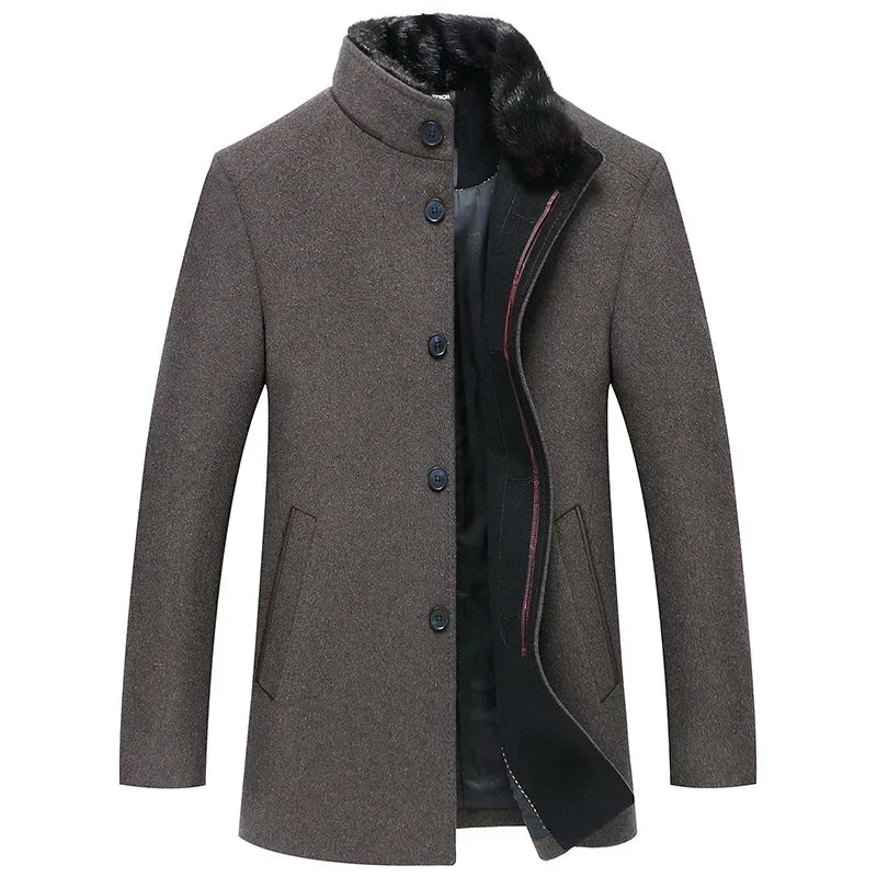 New Winter Men Business Casual Woolen Blends Fur Collar Male Cashmere Trench Coats High Quality Overcoats Warm Jackets Size 3XL