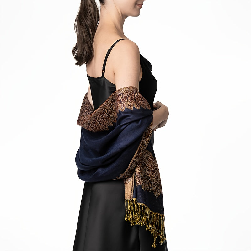 Bohemisk sjal i marinblått med gyllene detaljer – elegant scarf för fest & vardag