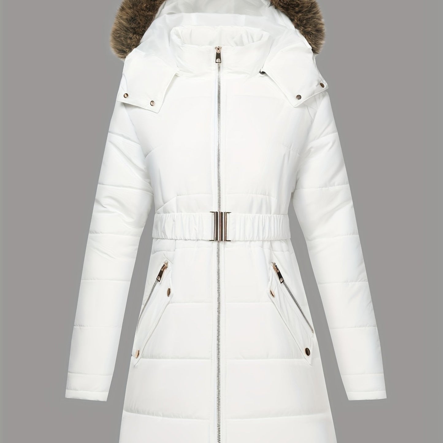 Damjacka med huva – midilång, dragkedja och justerbart bälte