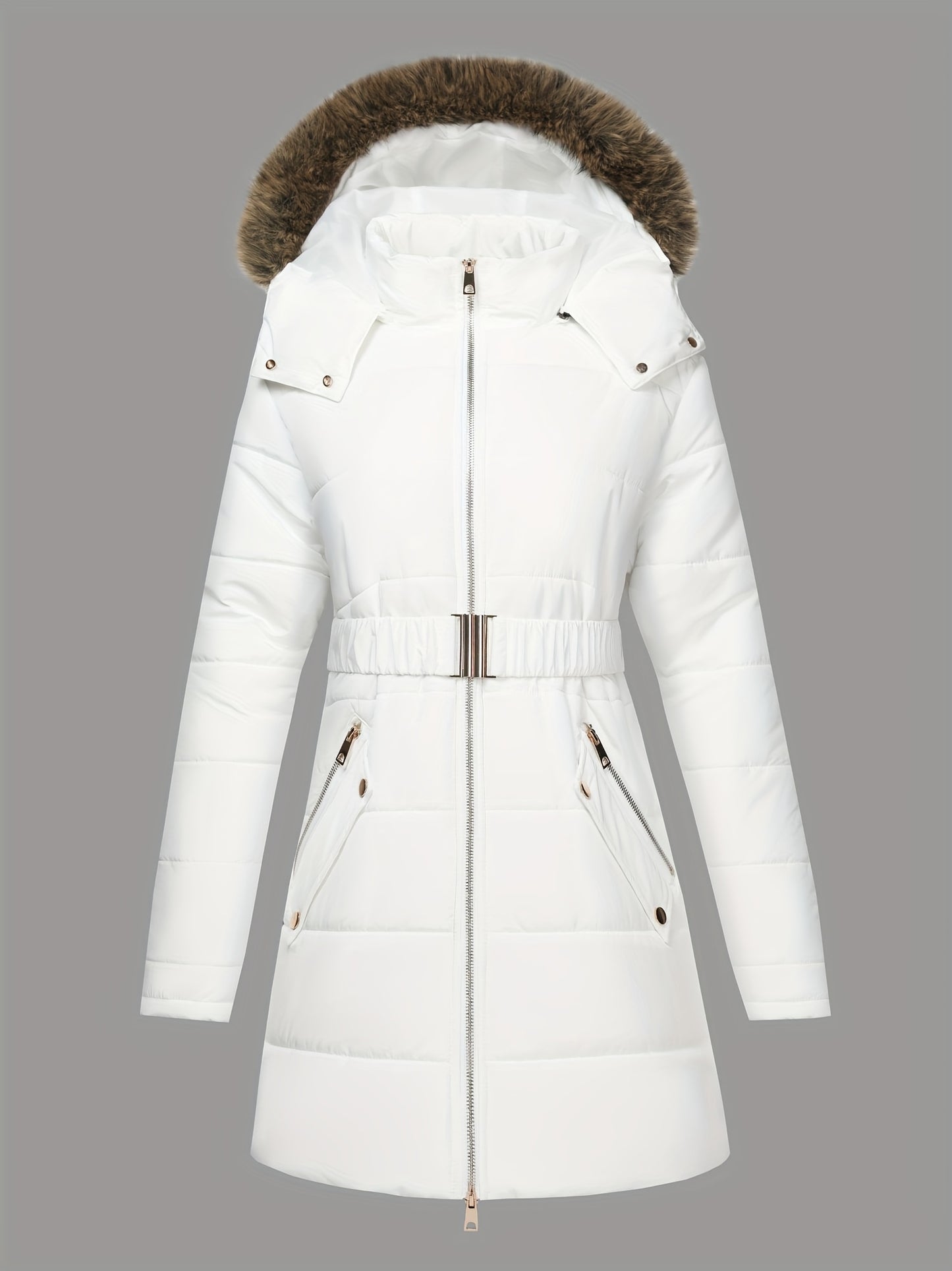 Damjacka med huva – midilång, dragkedja och justerbart bälte