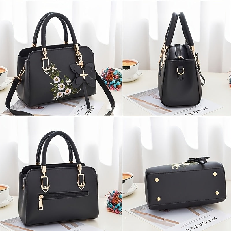 Dam handväska – Blommigt broderad, svart faux leather