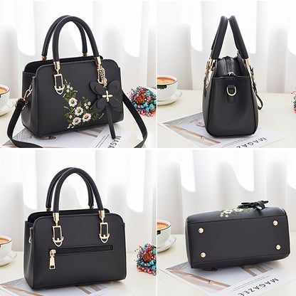 Dam handväska – Blommigt broderad, svart faux leather