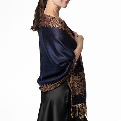 Bohemisk sjal i marinblått med gyllene detaljer – elegant scarf för fest & vardag
