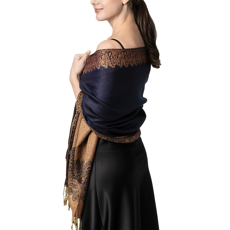 Bohemisk sjal i marinblått med gyllene detaljer – elegant scarf för fest & vardag