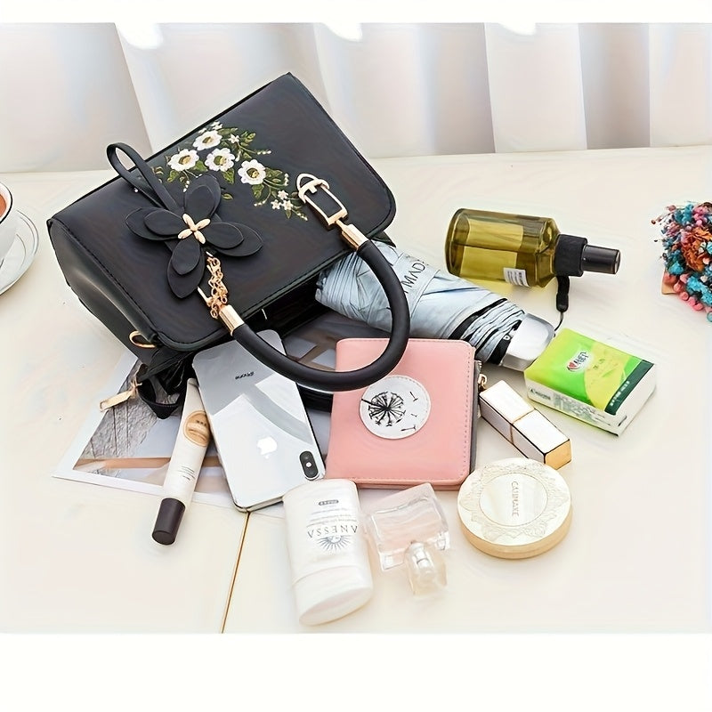 Dam handväska – Blommigt broderad, svart faux leather