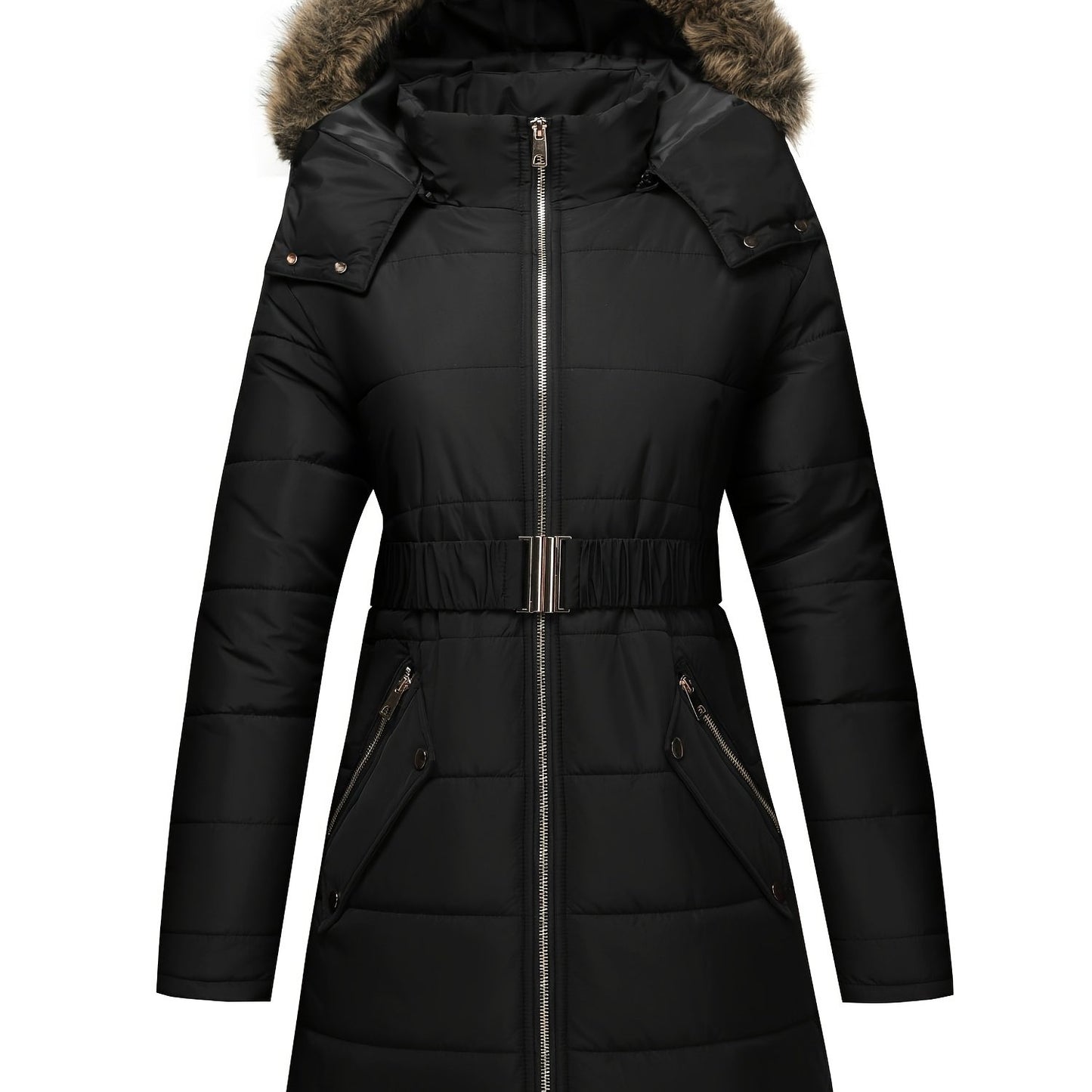 Damjacka med huva – midilång, dragkedja och justerbart bälte