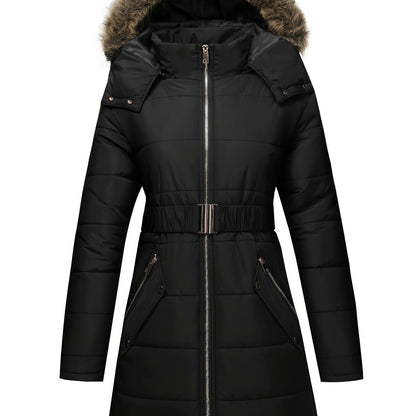 Damjacka med huva – midilång, dragkedja och justerbart bälte