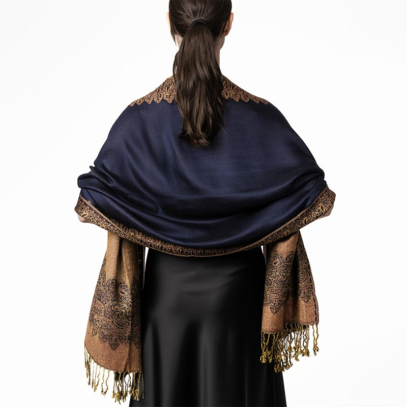 Bohemisk sjal i marinblått med gyllene detaljer – elegant scarf för fest & vardag