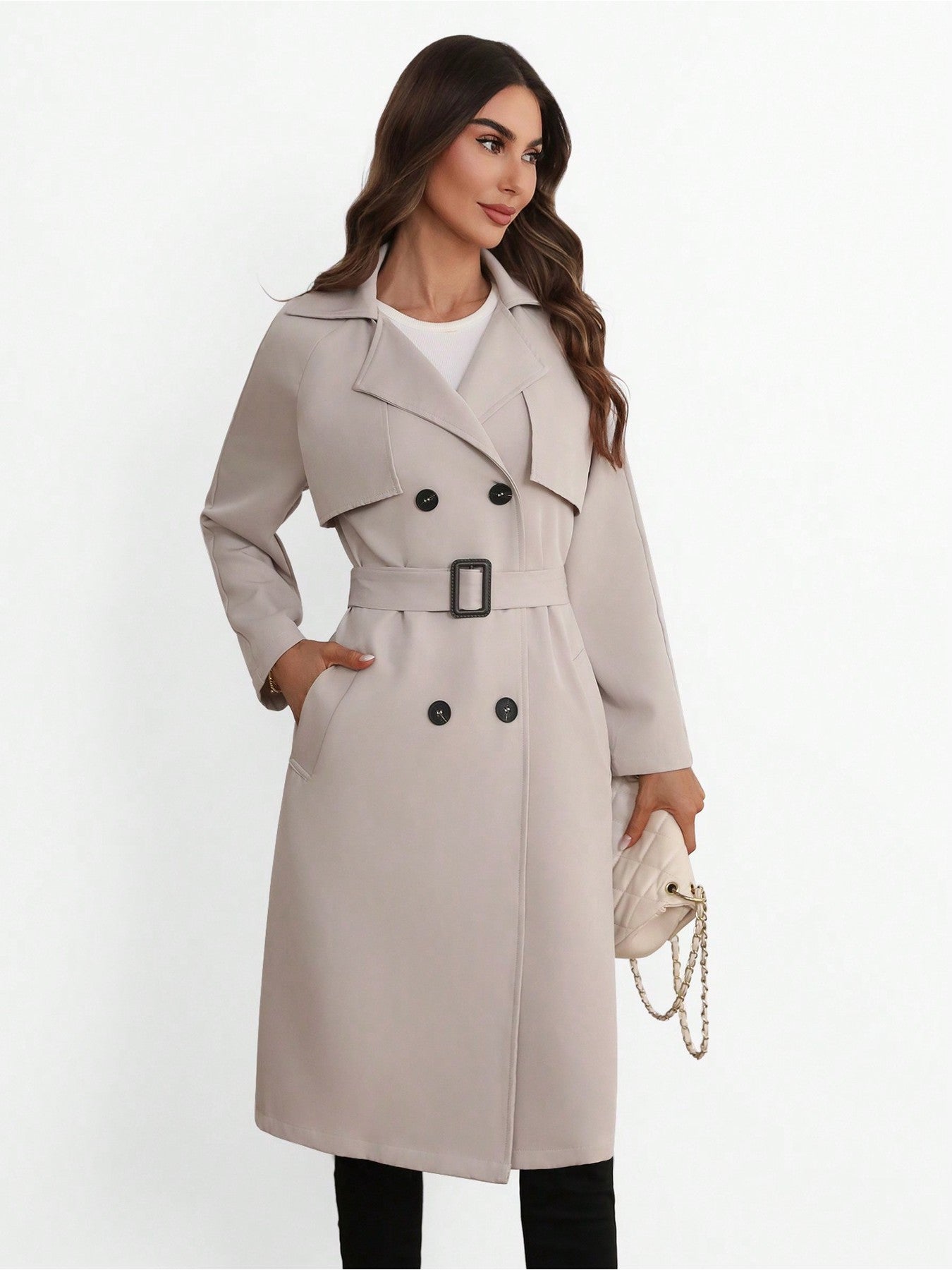 Elegant lång damkappa med bälte – minimalistisk trenchcoat i svart