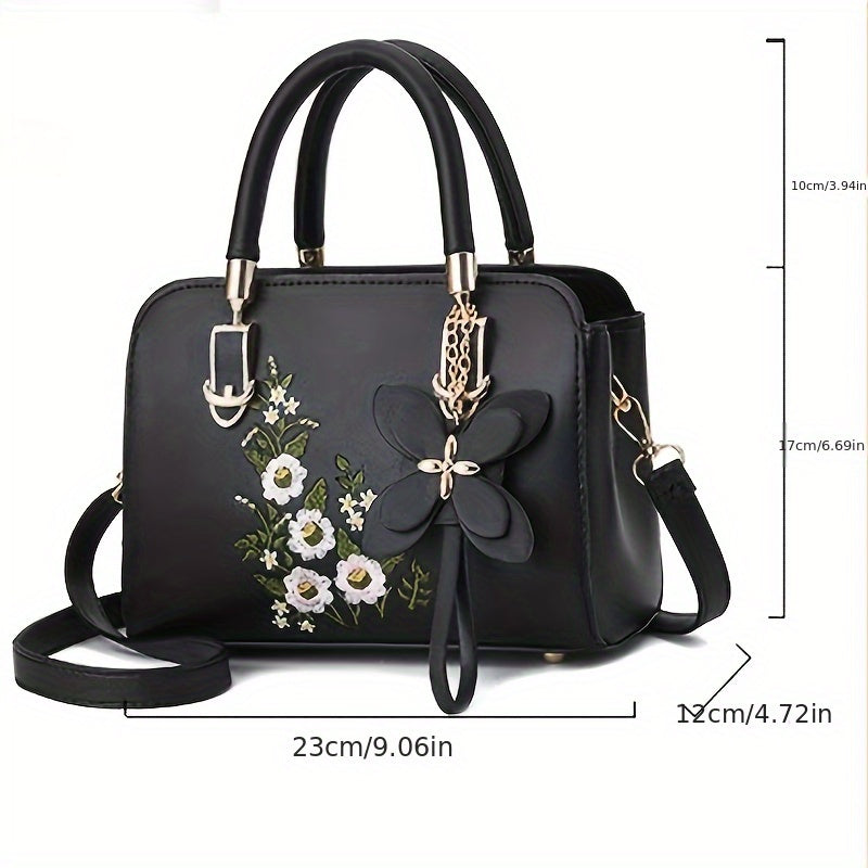 Dam handväska – Blommigt broderad, svart faux leather
