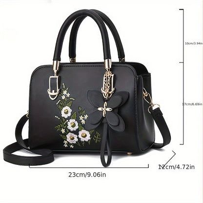 Dam handväska – Blommigt broderad, svart faux leather