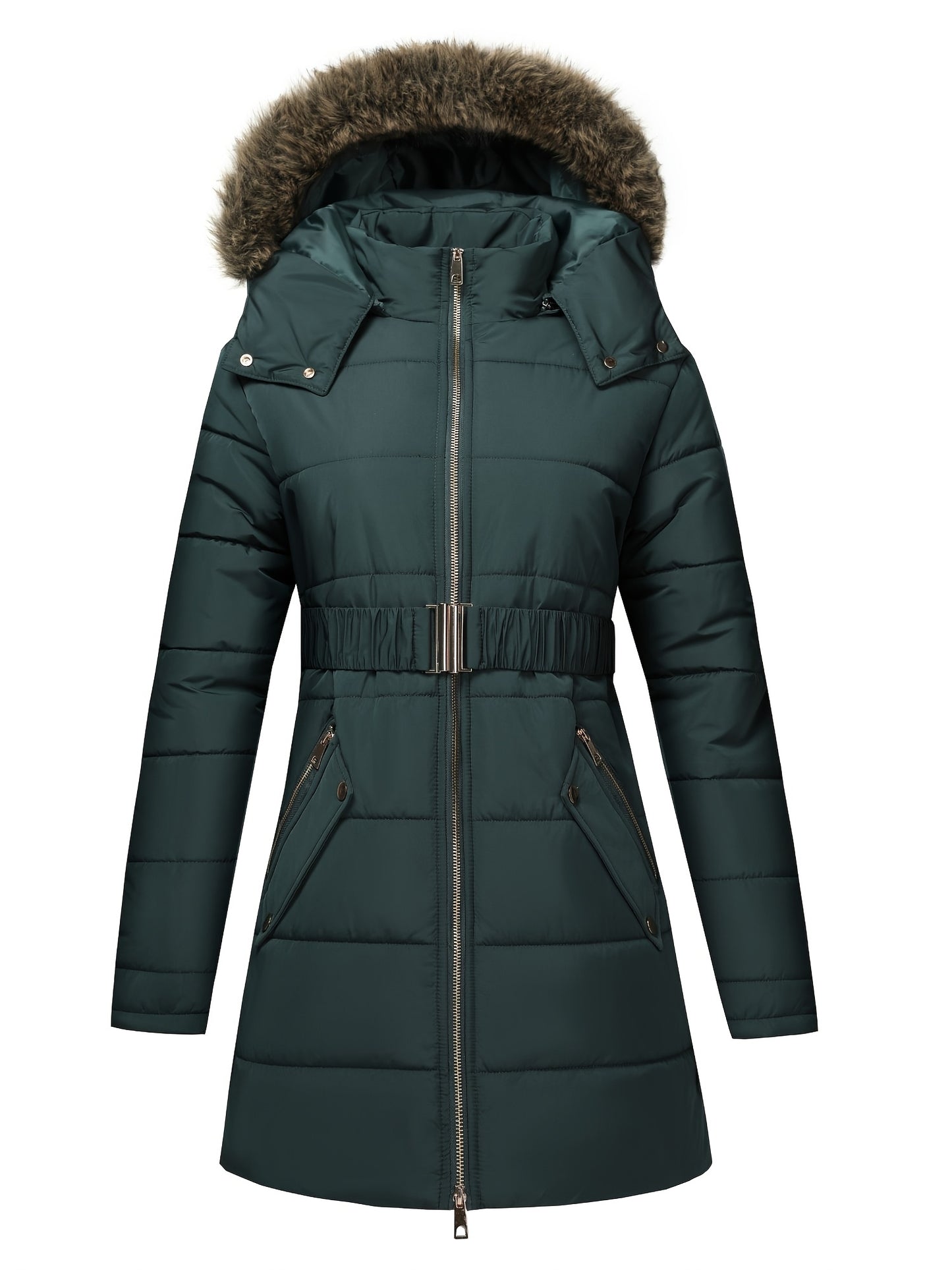 Damjacka med huva – midilång, dragkedja och justerbart bälte