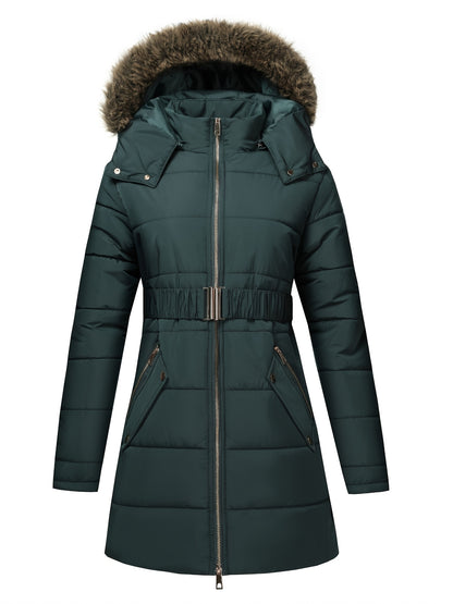 Damjacka med huva – midilång, dragkedja och justerbart bälte