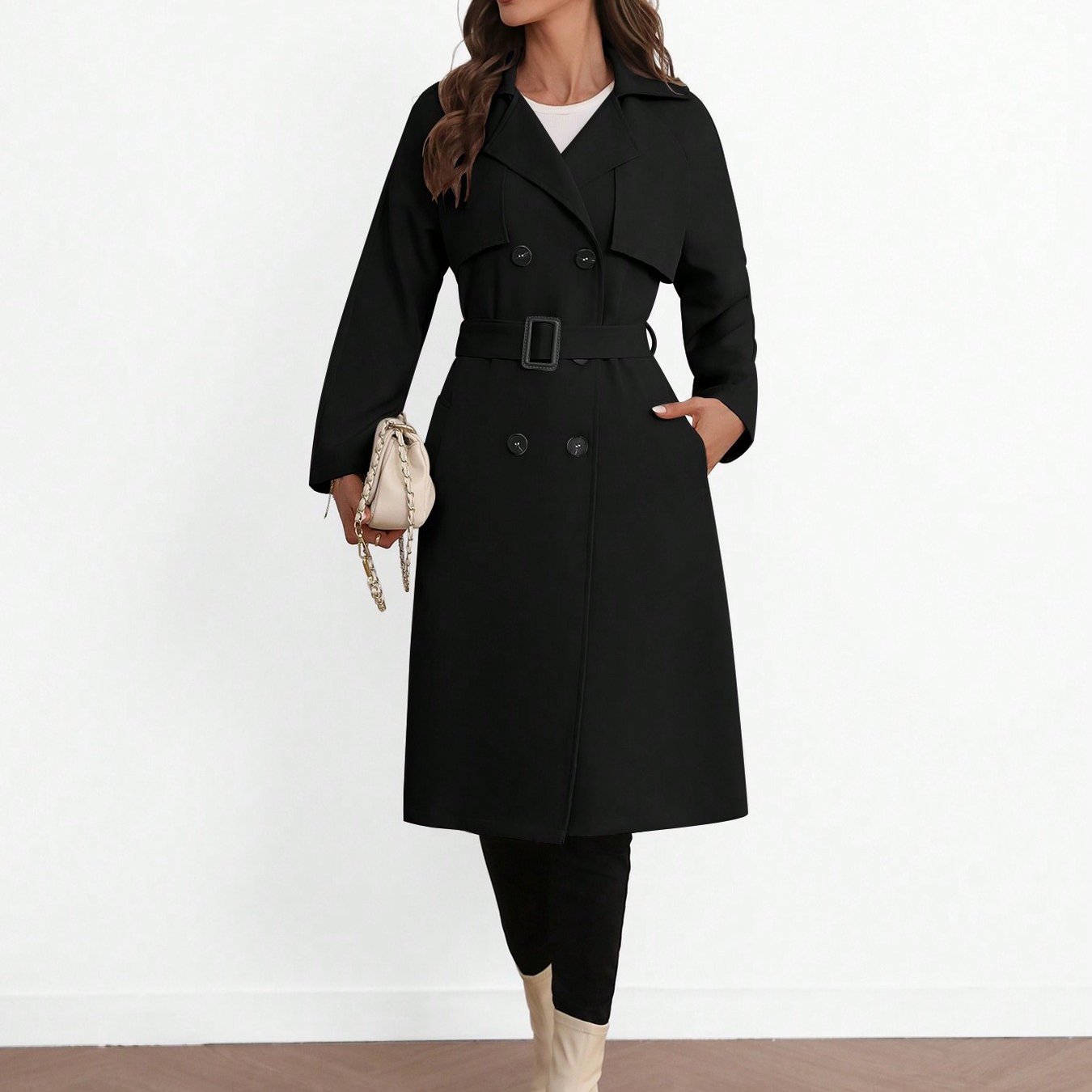 Elegant lång damkappa med bälte – minimalistisk trenchcoat i svart