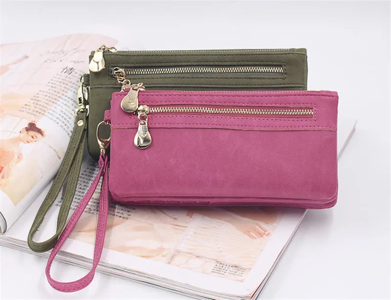 Large Capacity Women's Dull Polish Leather Wallet Double Zipper Clutch Wristlet Purse Phone Coin Card Holder Multi-pocket Wallet