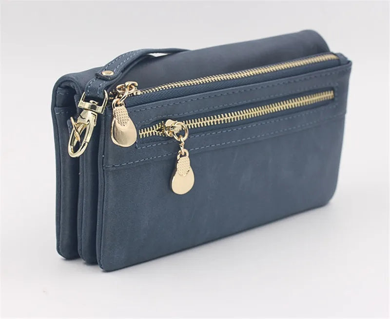 Large Capacity Women's Dull Polish Leather Wallet Double Zipper Clutch Wristlet Purse Phone Coin Card Holder Multi-pocket Wallet