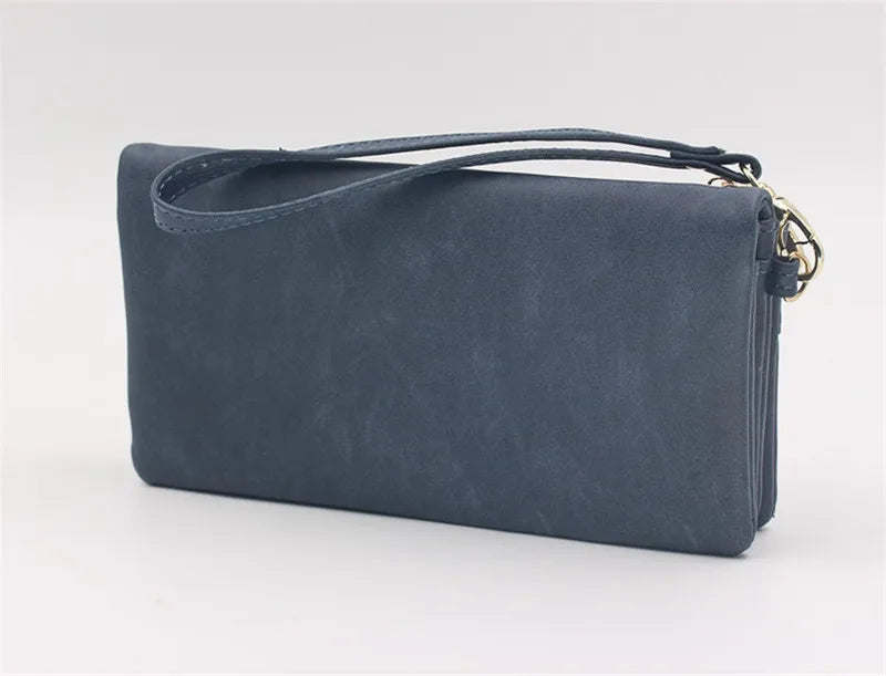 Large Capacity Women's Dull Polish Leather Wallet Double Zipper Clutch Wristlet Purse Phone Coin Card Holder Multi-pocket Wallet