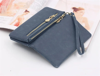 Large Capacity Women's Dull Polish Leather Wallet Double Zipper Clutch Wristlet Purse Phone Coin Card Holder Multi-pocket Wallet