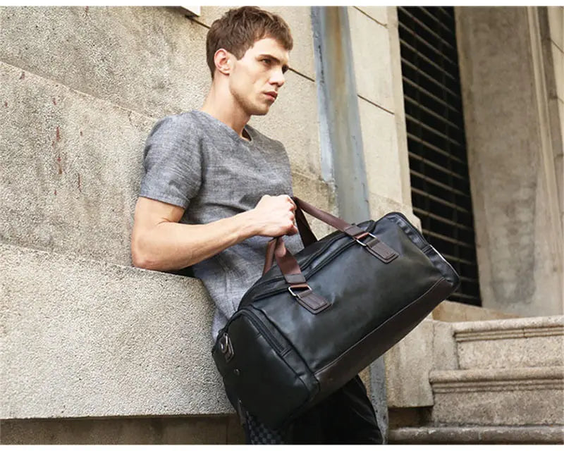 Men's PU Leather Gym Bag Sports Bags Duffel Travel Luggage Tote Handbag for Male Fitness Men Trip Carry ON Shoulder Bags XA109WA