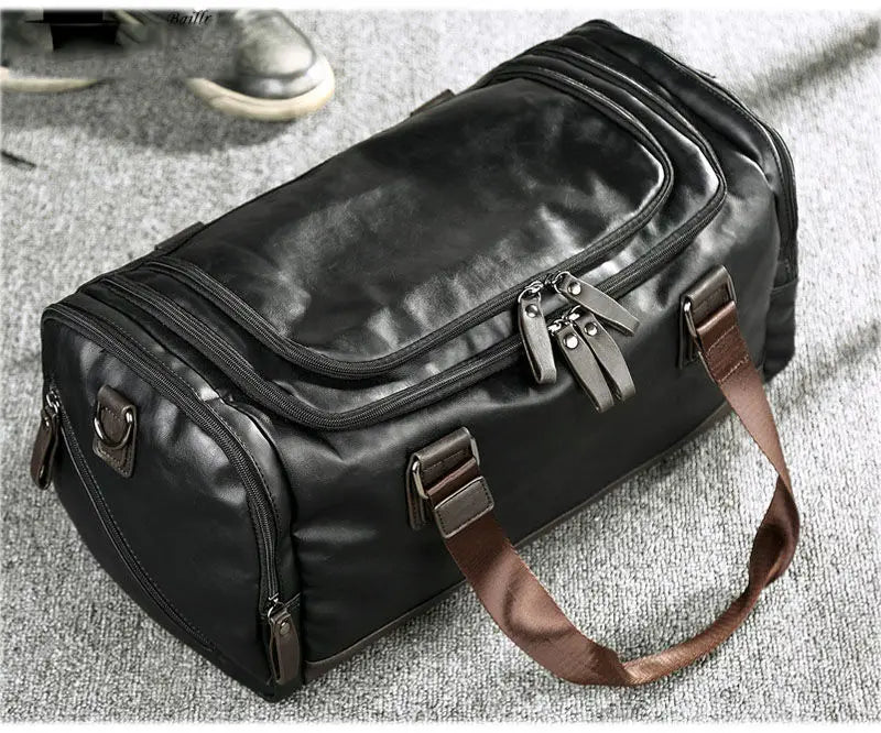 Men's PU Leather Gym Bag Sports Bags Duffel Travel Luggage Tote Handbag for Male Fitness Men Trip Carry ON Shoulder Bags XA109WA