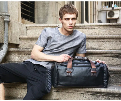 Men's PU Leather Gym Bag Sports Bags Duffel Travel Luggage Tote Handbag for Male Fitness Men Trip Carry ON Shoulder Bags XA109WA