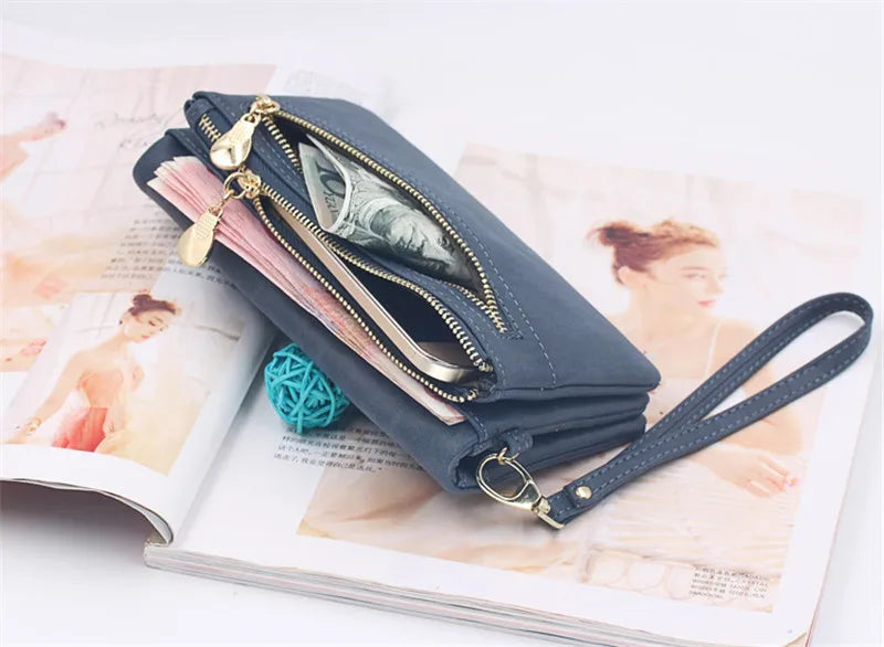 Large Capacity Women's Dull Polish Leather Wallet Double Zipper Clutch Wristlet Purse Phone Coin Card Holder Multi-pocket Wallet