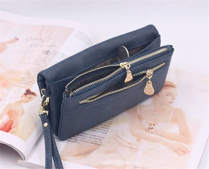 Large Capacity Women's Dull Polish Leather Wallet Double Zipper Clutch Wristlet Purse Phone Coin Card Holder Multi-pocket Wallet