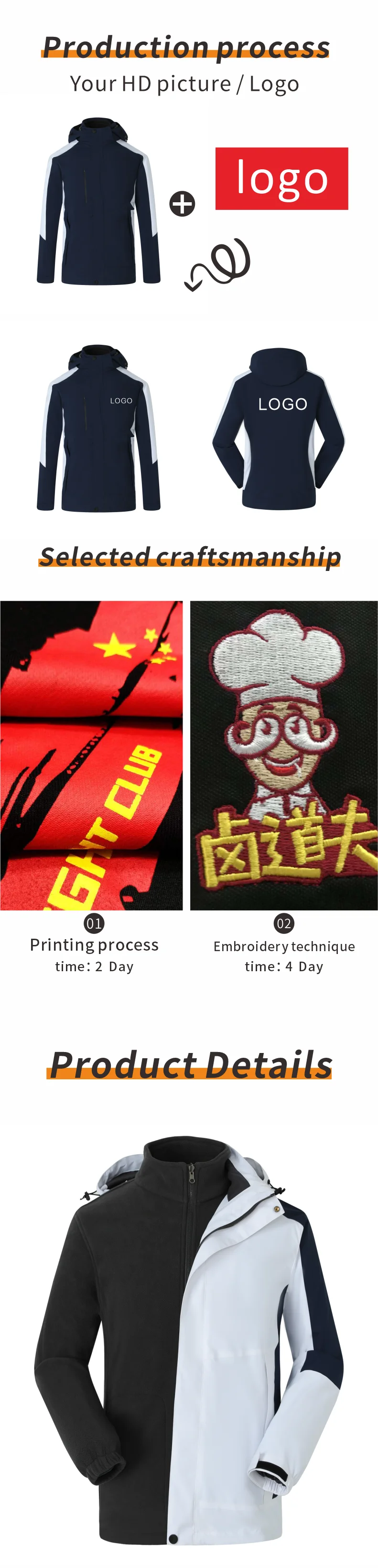 Thick coat jacket printing Detachable jacket embroidered logo Customized men's trendy outdoor assault suit Two piece jacket set