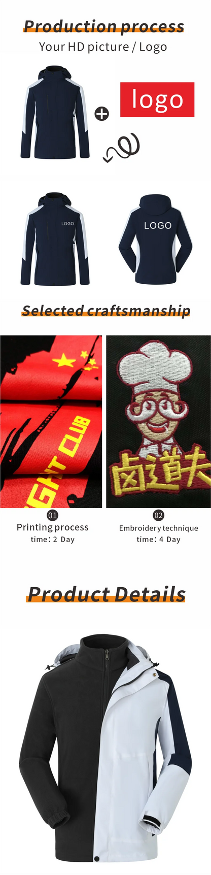 Thick coat jacket printing Detachable jacket embroidered logo Customized men's trendy outdoor assault suit Two piece jacket set