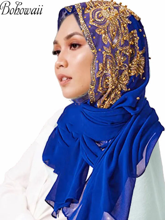 Chiffon hijab med guldglitter och pärlor