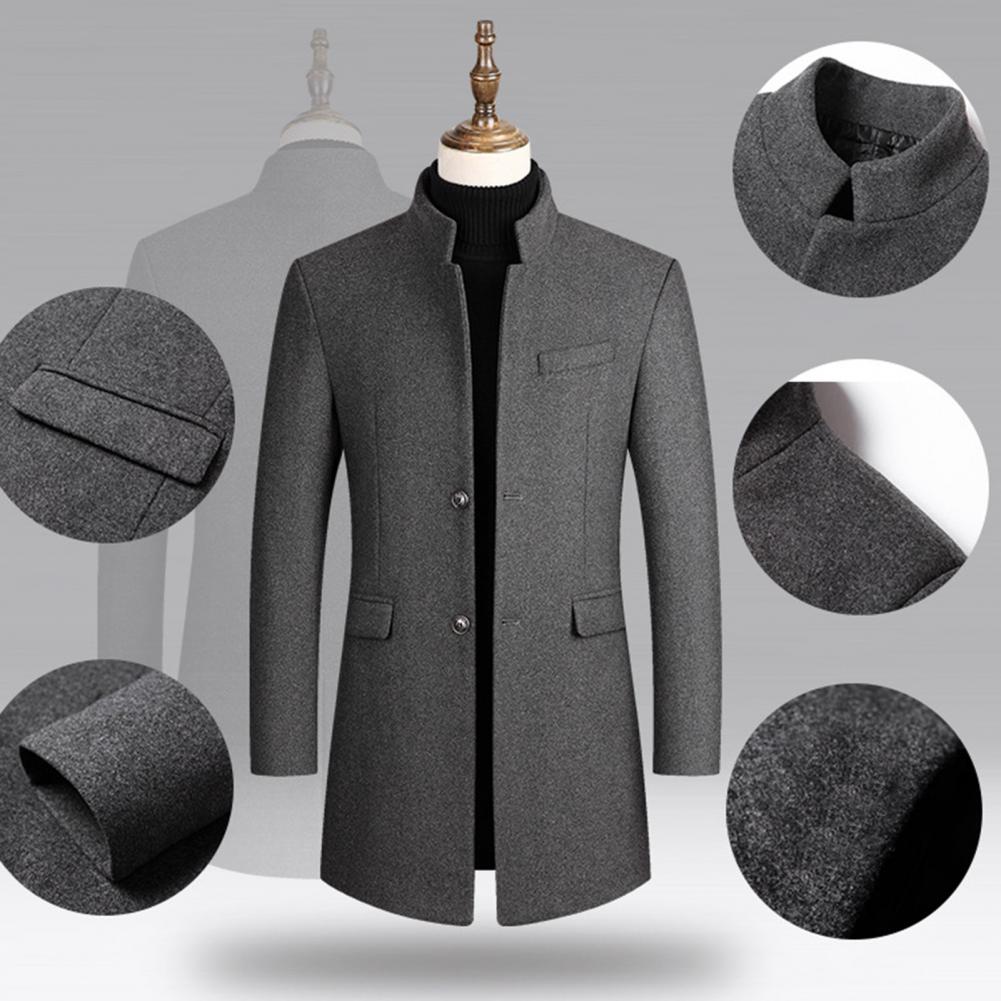 Woolen Coat Male Mid-Length Men Trench Coat Autumn Winter Pockets Single Breasted Slim Fit Windbreaker Coat Men Jacket Outwear