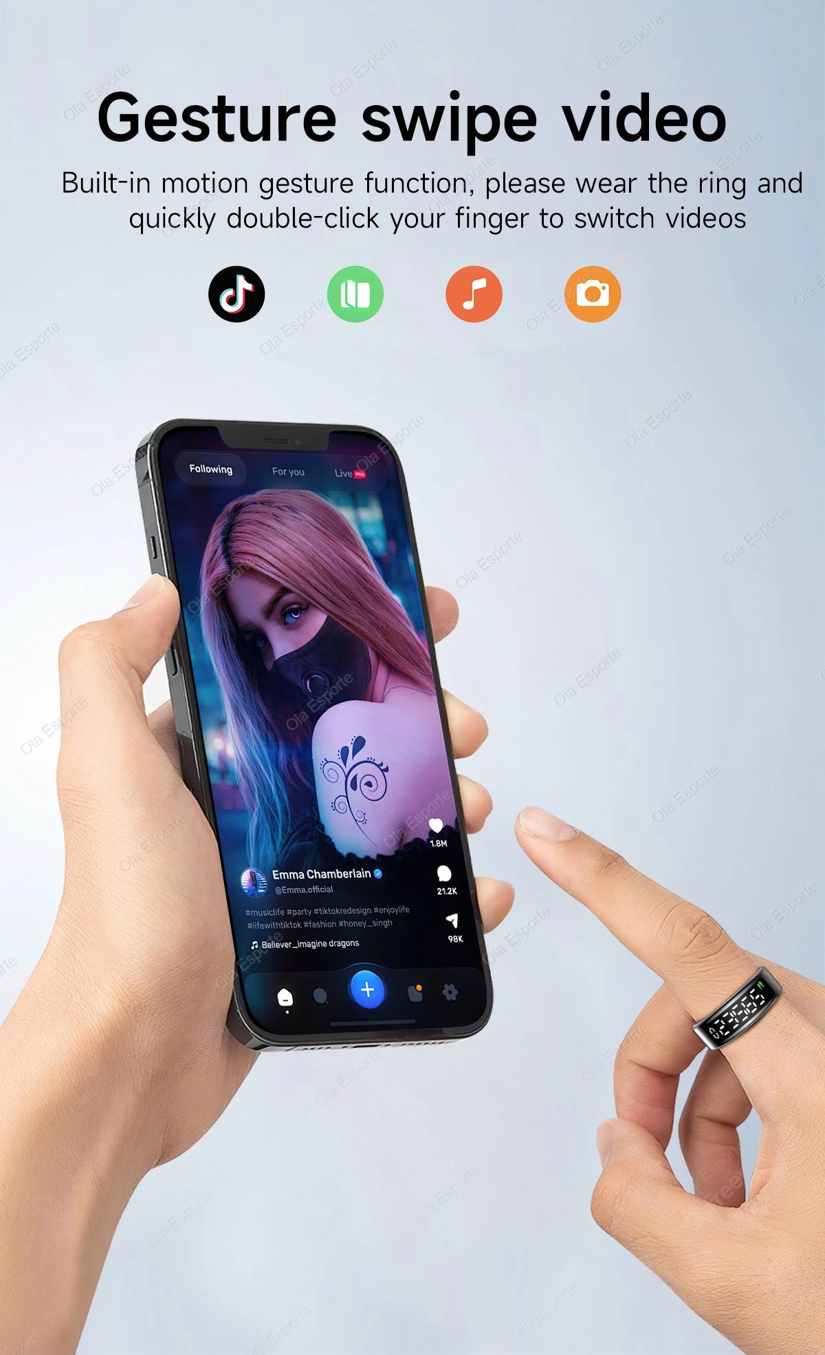 Smart Ring Display Screen Touch Health Monitor Gesture Swipe Video/Brush Tiktok 5ATM Waterproof Multi Sports Smartring Men Women