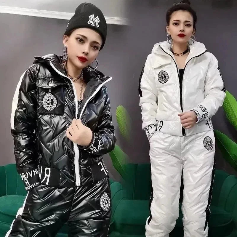 Vinterset för Dam – Glansig Parka & Tjocka Byxor i Oversize Stil