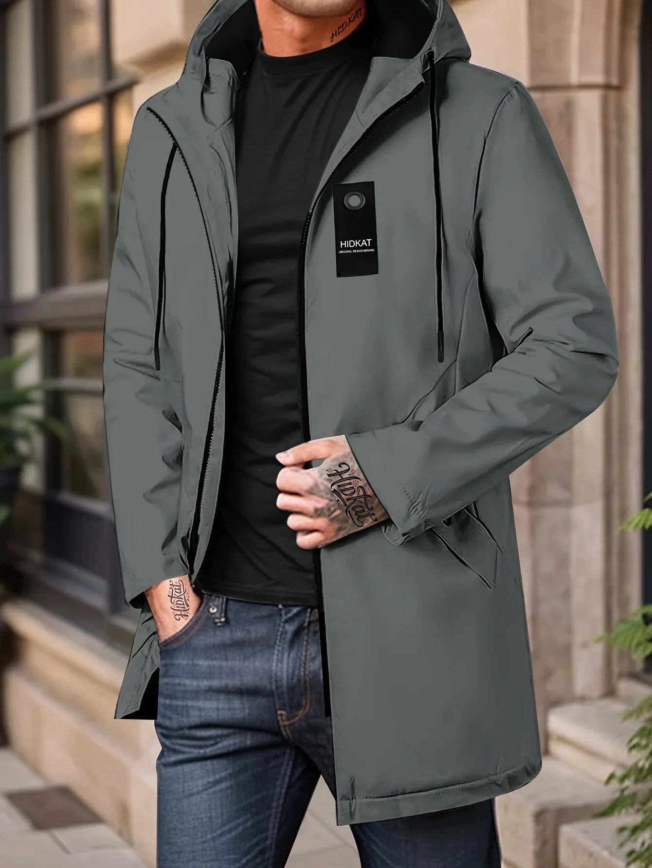 Men's Fashion Casual Jacket with Hood and Drawstring, Solid Color, Suitable for Spring and Autumn Casual Attire