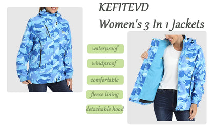 KEFITEVD 3 in1 Women's Winter Ski Jackets Fleece Warm Thermal Snow Waterproof Jacket Hiking Clothing Outdoor Windbreaker Coats