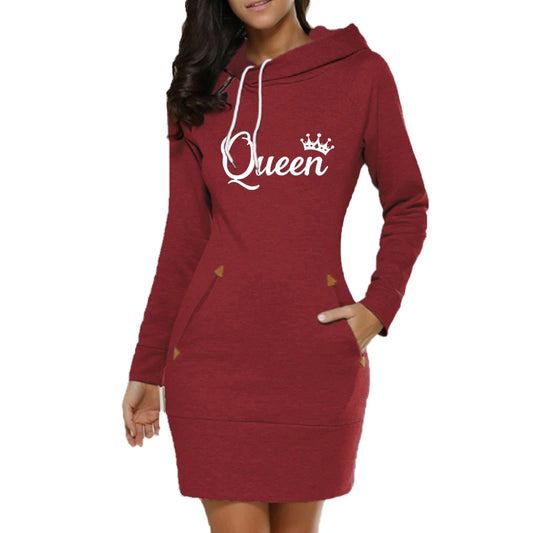 Dam Hoodie Klänning – Queen Print, Långärmad med Fickor