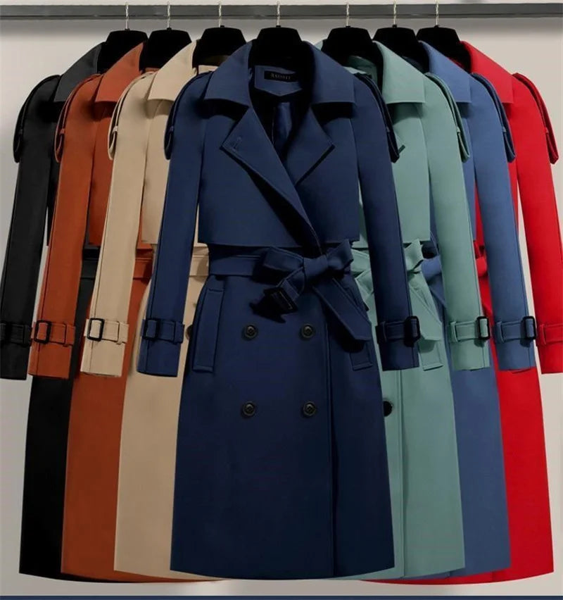 Dam trenchcoat – Lång dubbelknäppt kappa med bälte