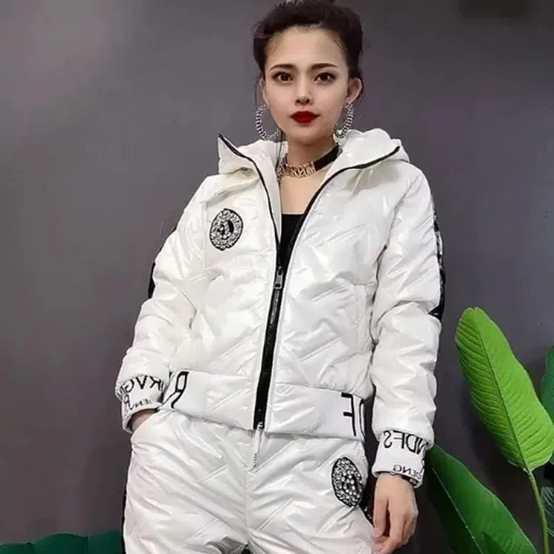 Vinterset för Dam – Glansig Parka & Tjocka Byxor i Oversize Stil