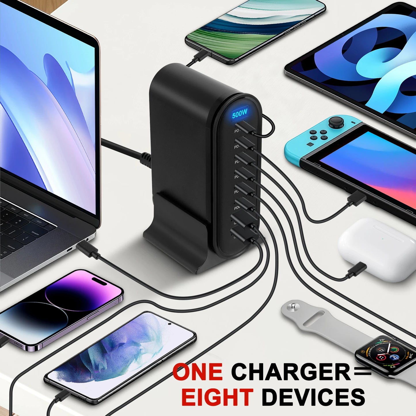 500W USB-C Snabbladdare – 8 portar, intelligent