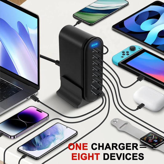 500W USB-C Snabbladdare – 8 portar, intelligent