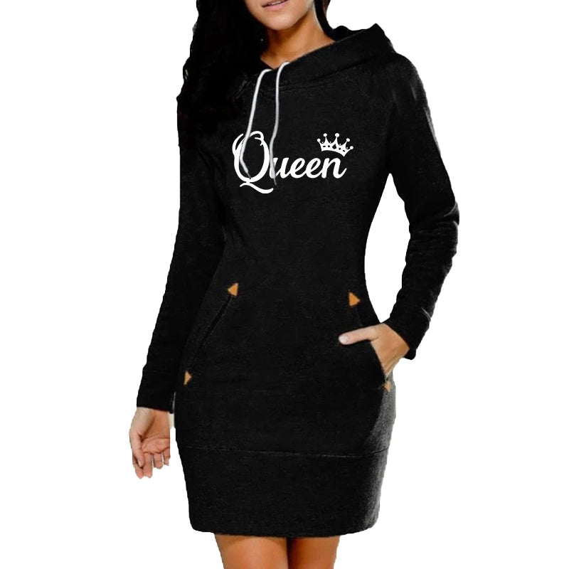 Dam Hoodie Klänning – Queen Print, Långärmad med Fickor