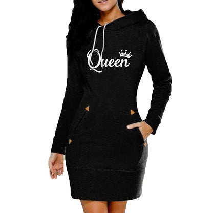 Dam Hoodie Klänning – Queen Print, Långärmad med Fickor