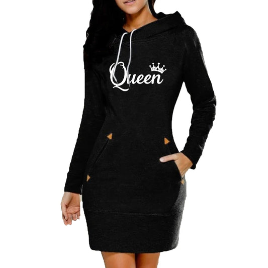 Dam Hoodie Klänning – Queen Print, Långärmad med Fickor