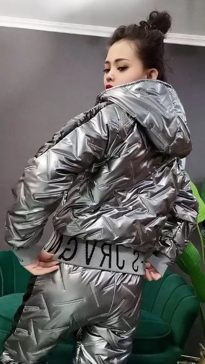 Vinterset för Dam – Glansig Parka & Tjocka Byxor i Oversize Stil