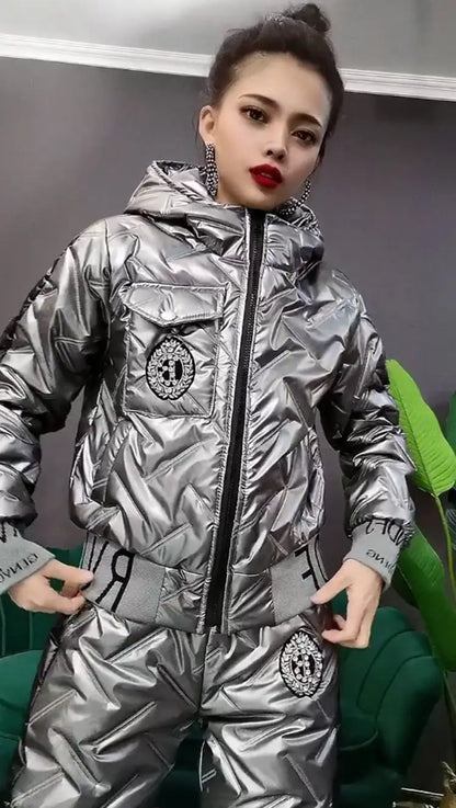 Vinterset för Dam – Glansig Parka & Tjocka Byxor i Oversize Stil