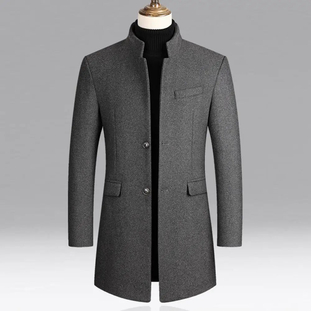 Woolen Coat Male Mid-Length Men Trench Coat Autumn Winter Pockets Single Breasted Slim Fit Windbreaker Coat Men Jacket Outwear