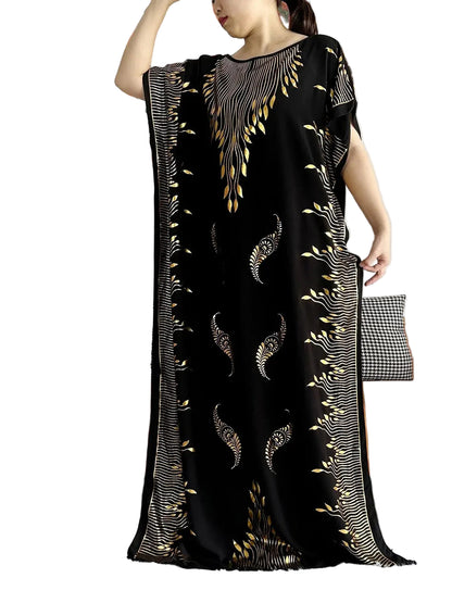 Sommarabaya – Kortärmad med guldfärgade tryck och matchande sjal