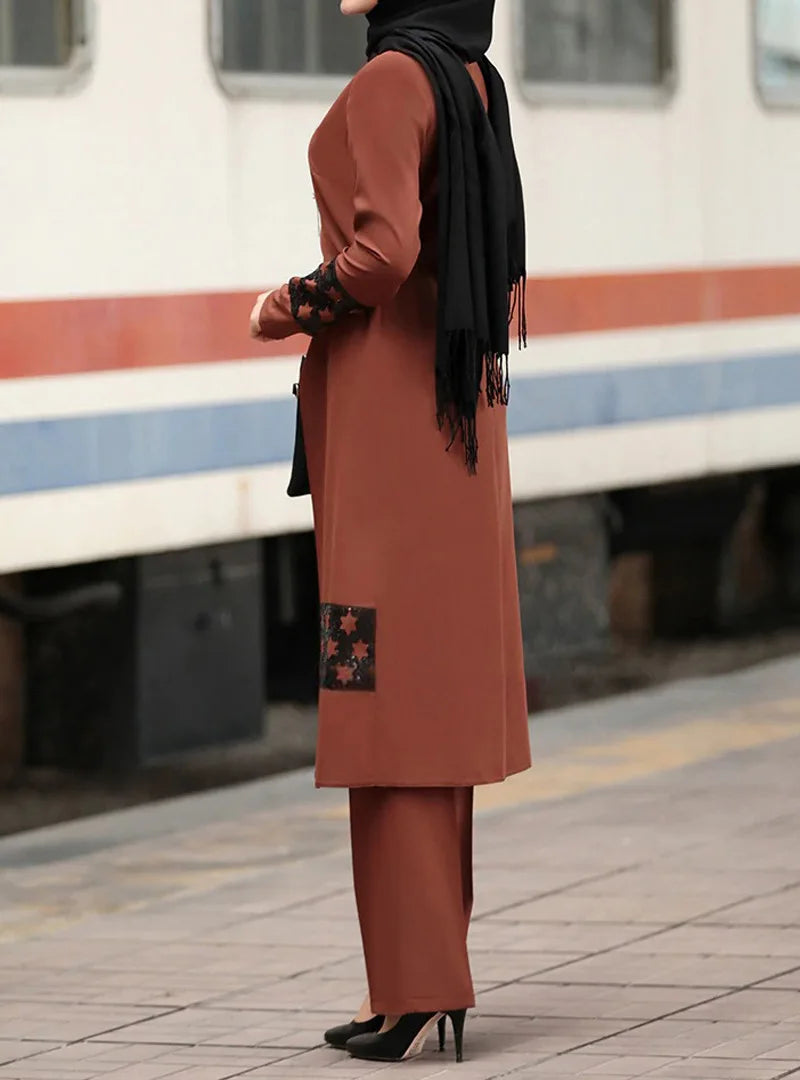 Dam Abaya-set – 2-delad kaftan med korsett & vida byxor