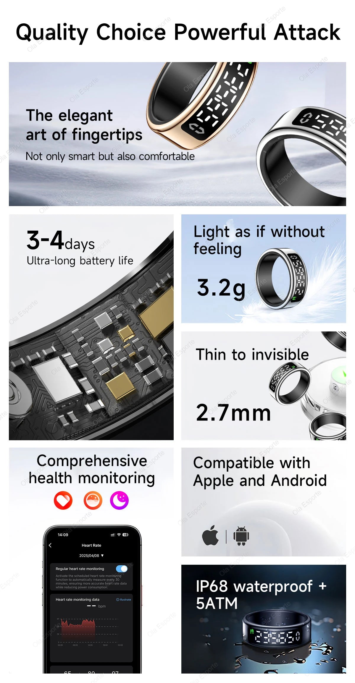 Smart Ring Display Screen Touch Health Monitor Gesture Swipe Video/Brush Tiktok 5ATM Waterproof Multi Sports Smartring Men Women