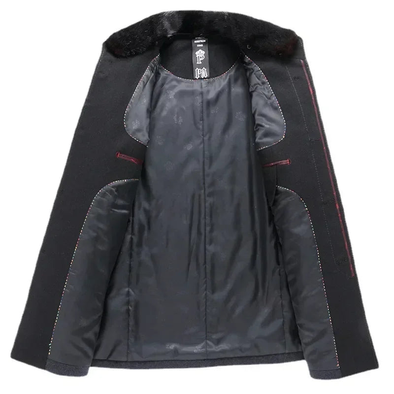 New Winter Men Business Casual Woolen Blends Fur Collar Male Cashmere Trench Coats High Quality Overcoats Warm Jackets Size 3XL